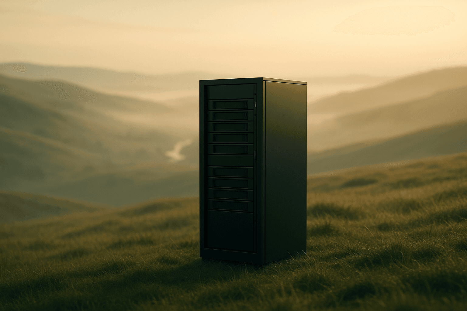 A single server rack standing calmly in an open dawn-lit landscape